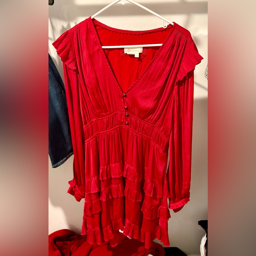 Anthropologie Tiered Ruffle Mini Dress -Red Long Sleeve V-Neck